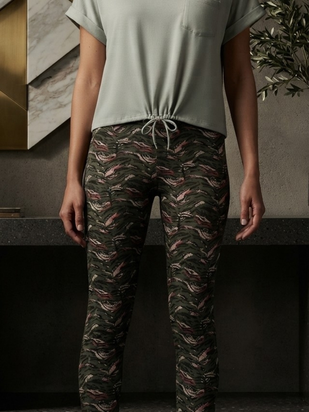 No Boundaries Olive Printed Leggings with Pink Detail